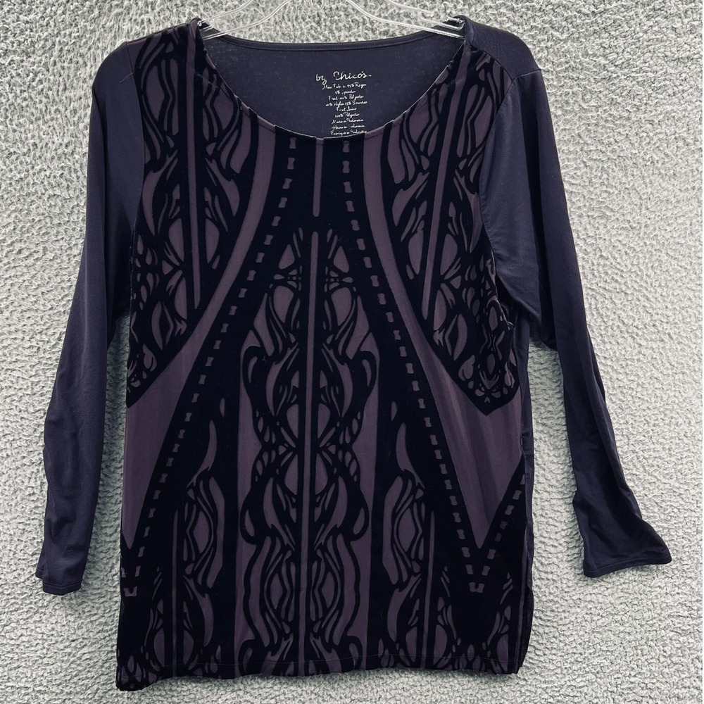 Chicos Womens Velvet Flocked Top Medium Black Purple Abstract Whimsigoth Artsy